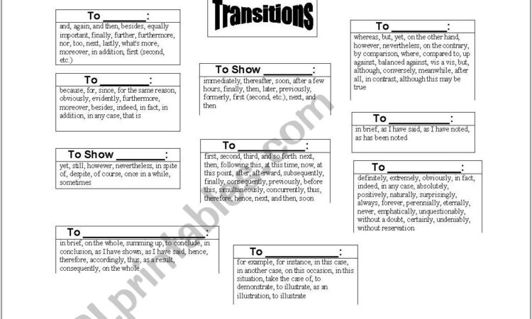 Transition Words List Worksheet