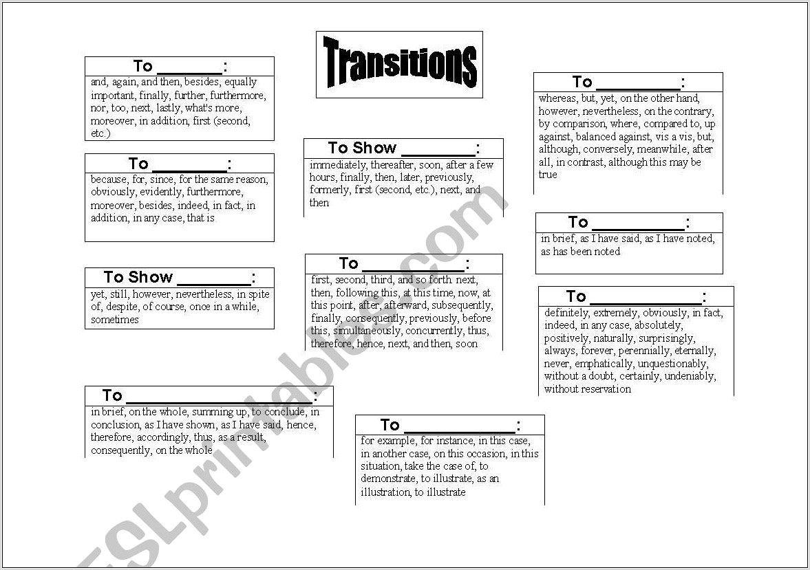 Transition Words List Worksheet