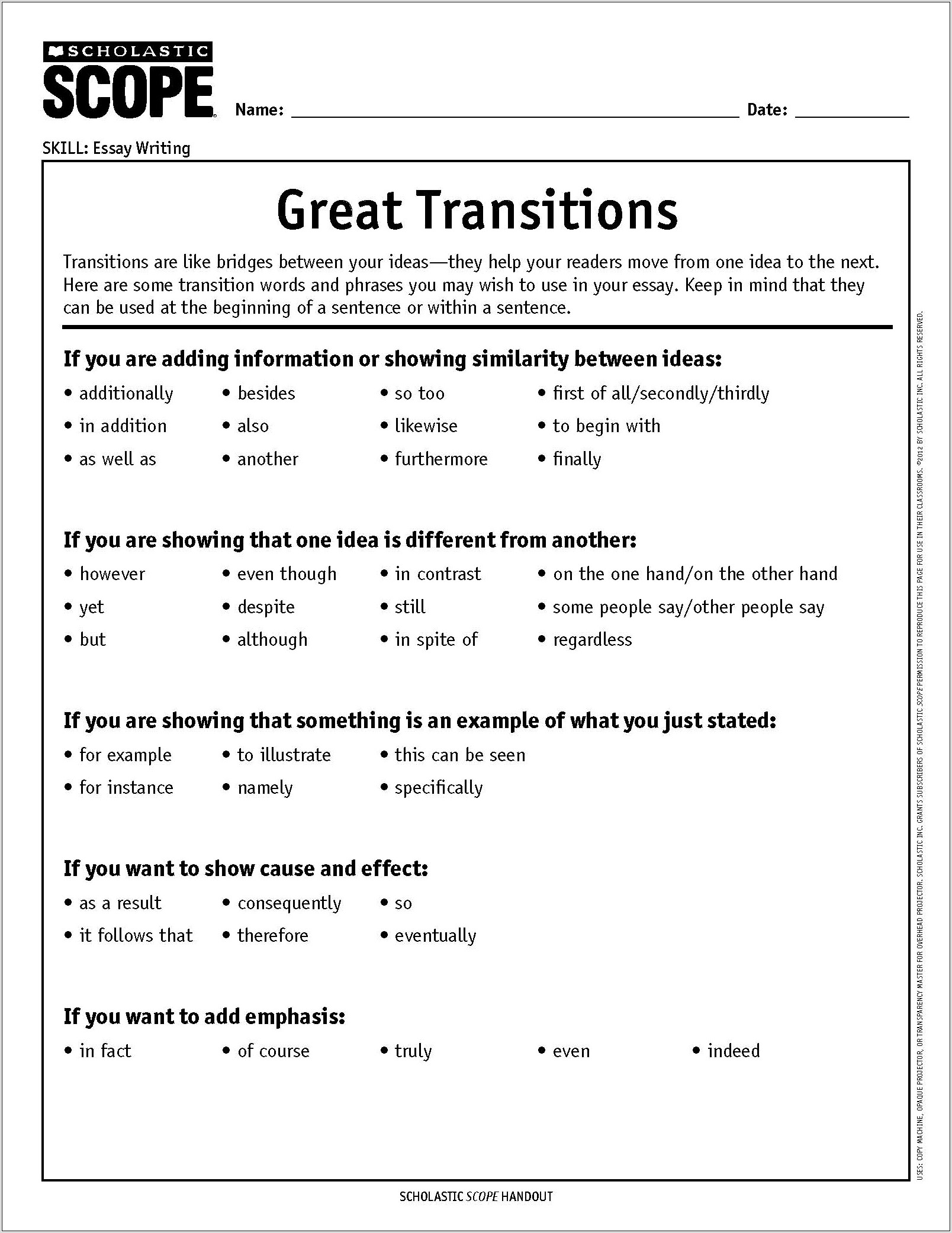 Transition Words Worksheet College