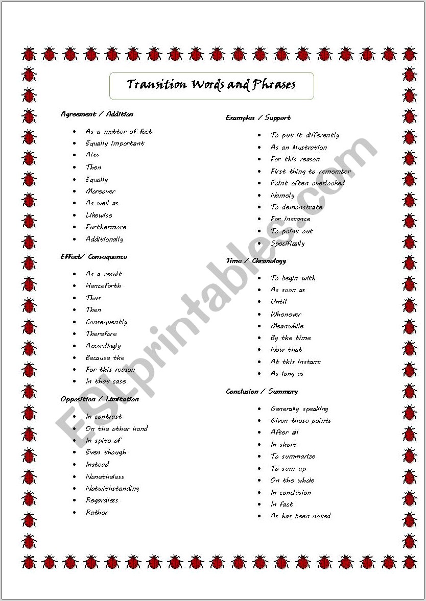 Transition Words Worksheet Esl