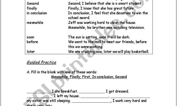 Transition Words Worksheet Fill In The Blank