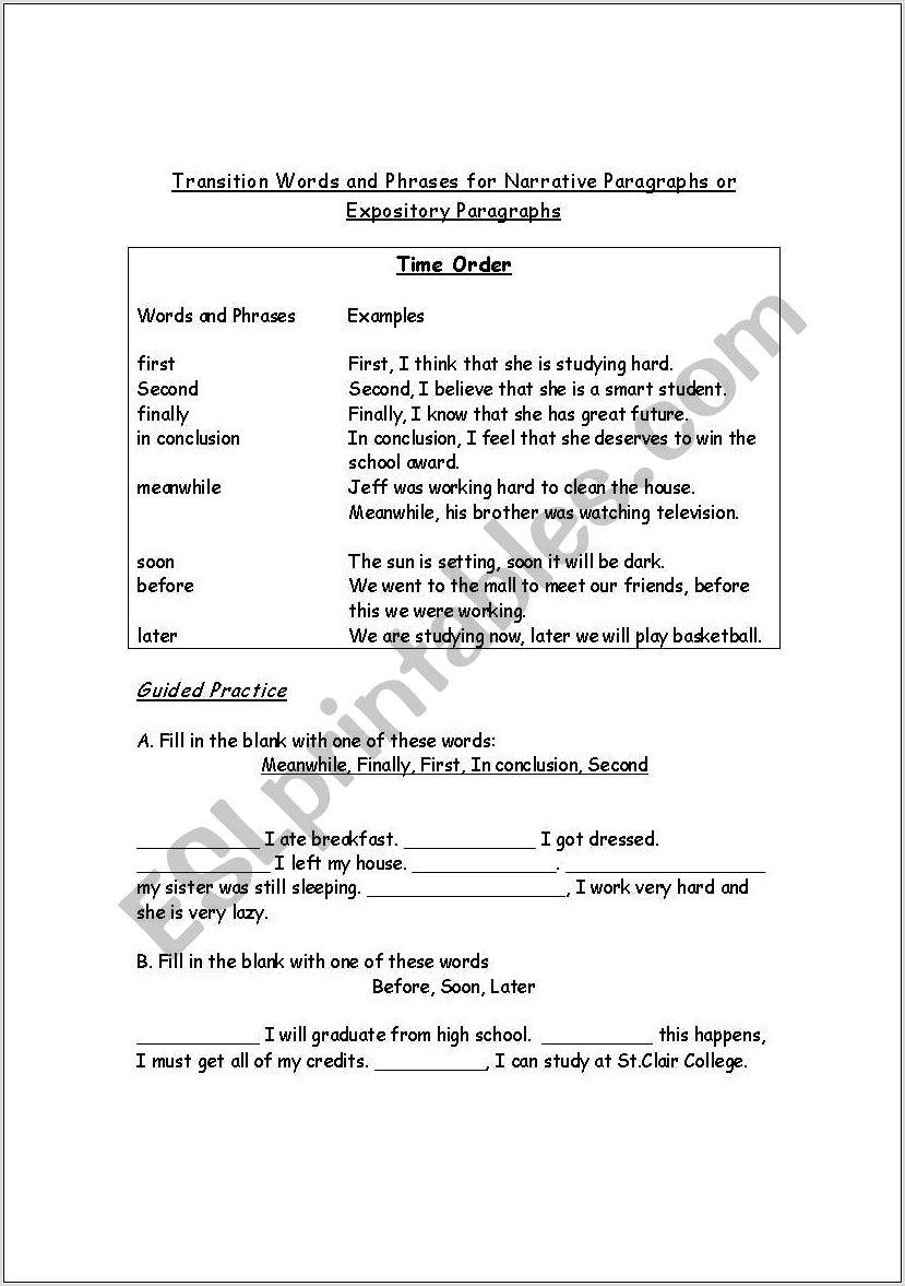 Transition Words Worksheet Fill In The Blank