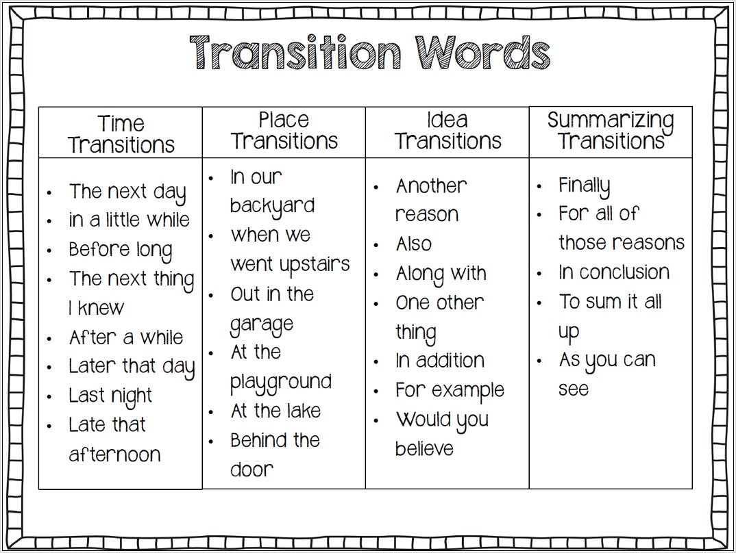 Transition Words Worksheet For 4th Grade