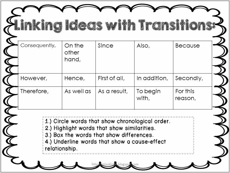 Transition Words Worksheet Third Grade