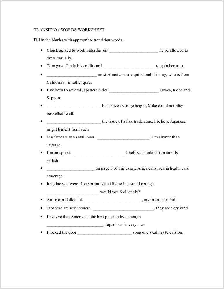 Transitional Words Activities Worksheets