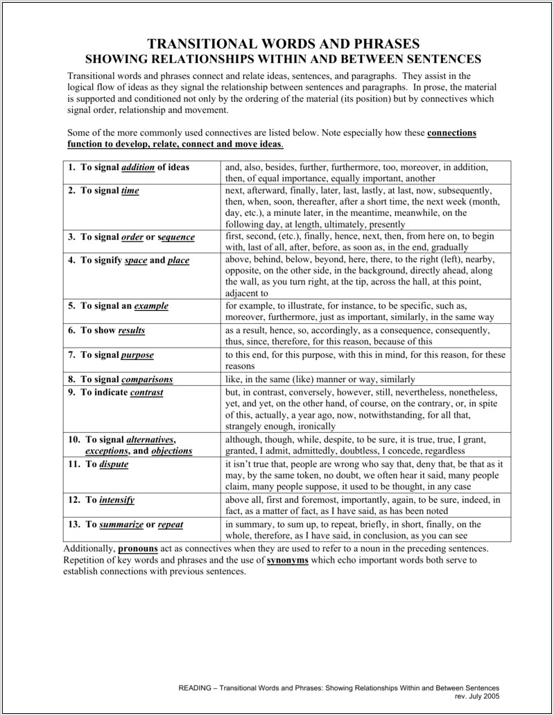Transitional Words And Phrases Worksheet With Answers