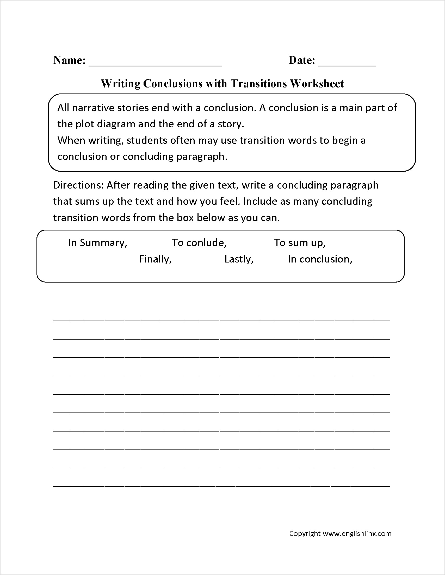 Transitional Words Worksheet 6th Grade