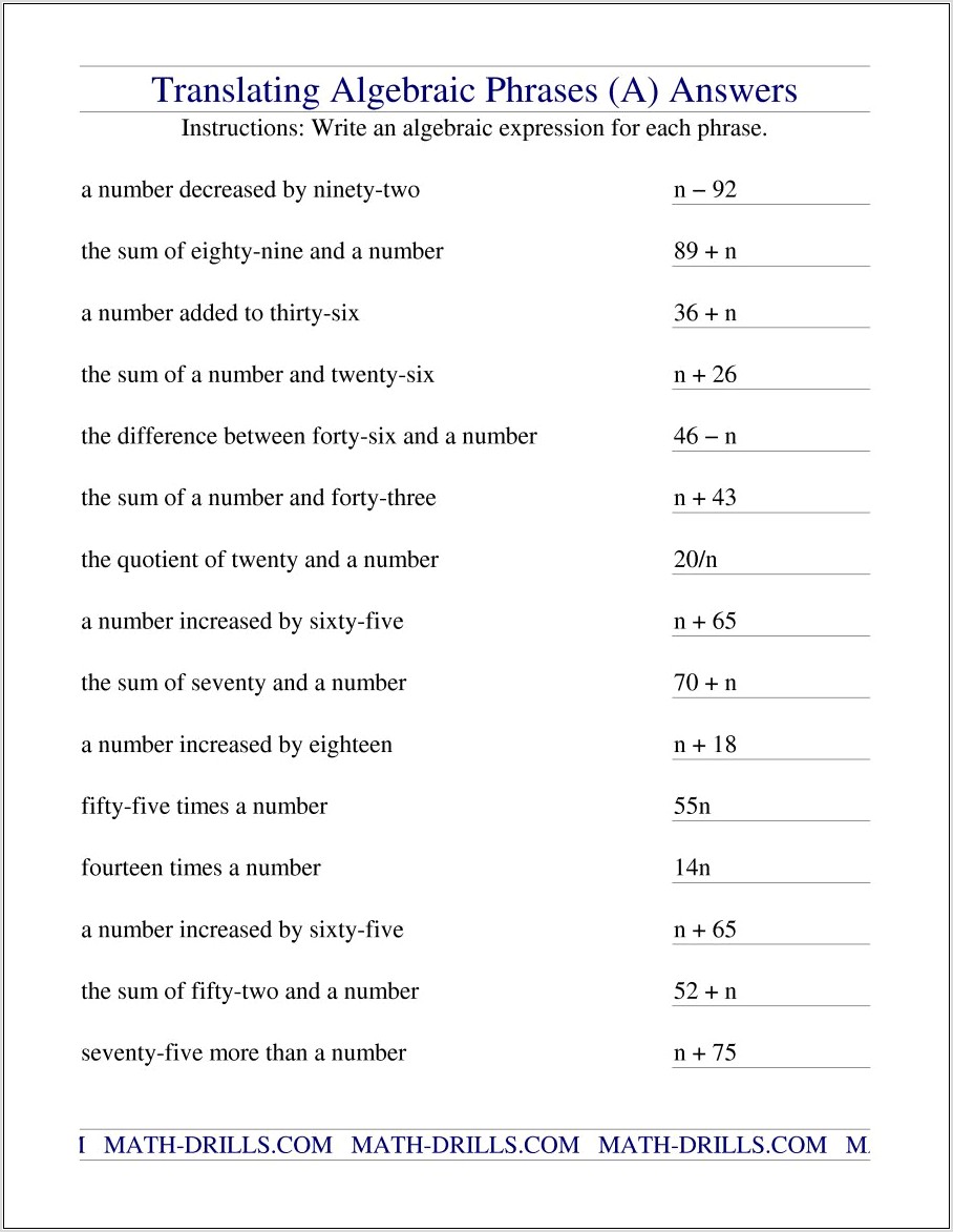 Translating Math Phrases Worksheet