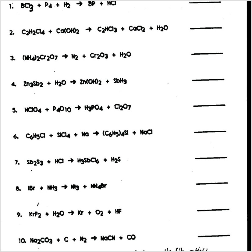 Translating Word Equations Chemistry Worksheet Answers