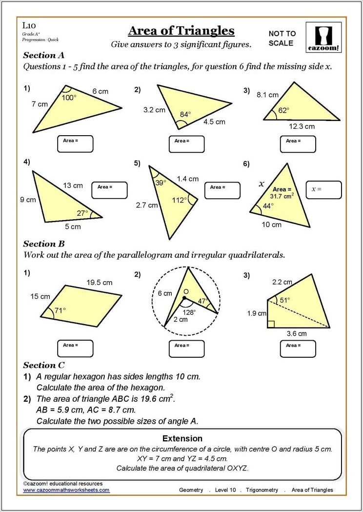 Triangle Area Printable Worksheet