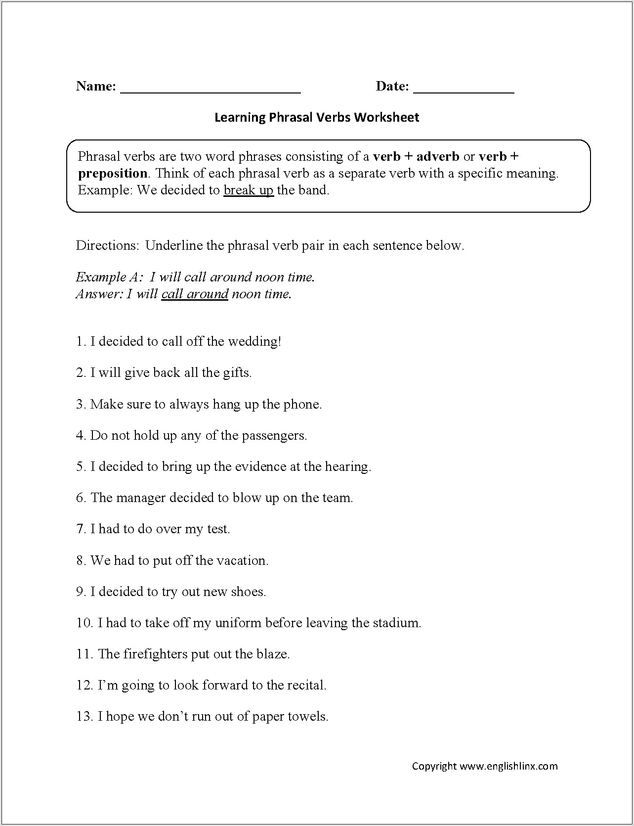 Two Word Verb Worksheet For Grade 5