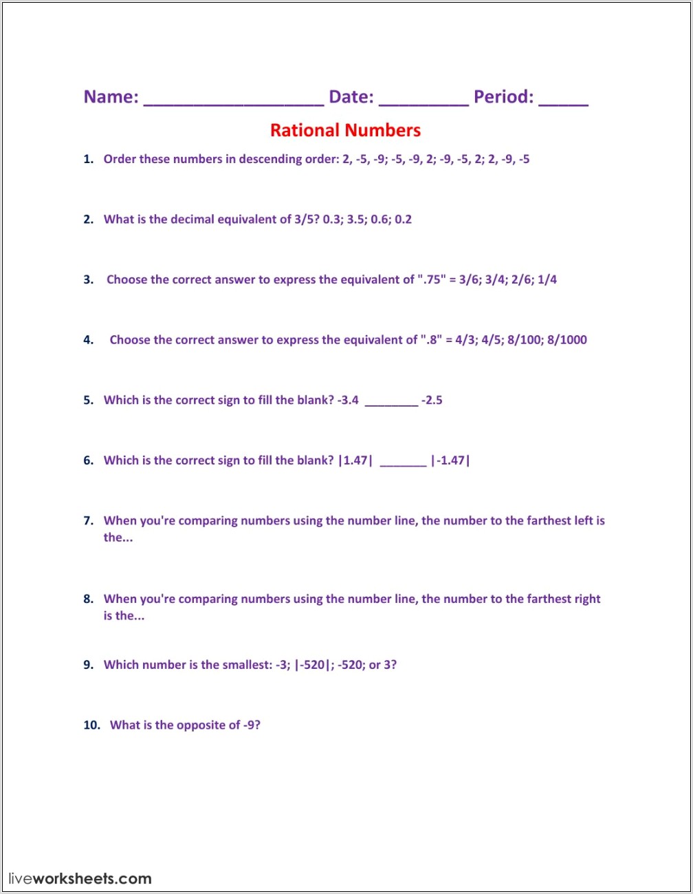 Understanding Rational Numbers Worksheet