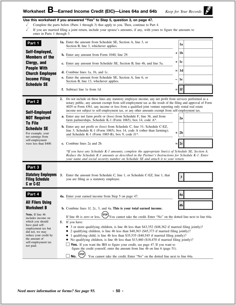 Us Schedule Eic Earned Income Credit Worksheet