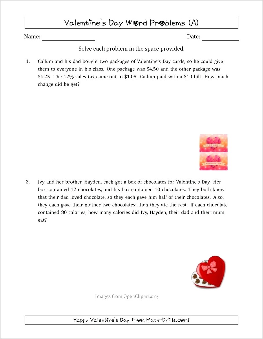 Valentines Day Math Word Problems Worksheet