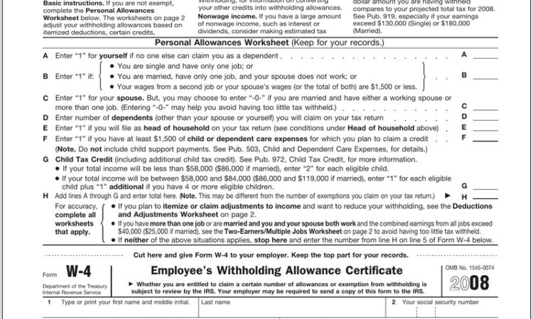 W 4 Tax Withholding Worksheet