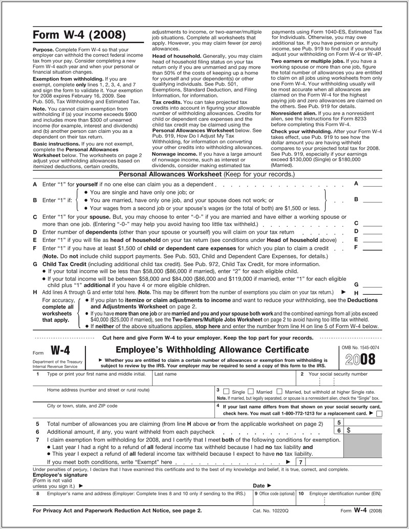 W 4 Tax Withholding Worksheet