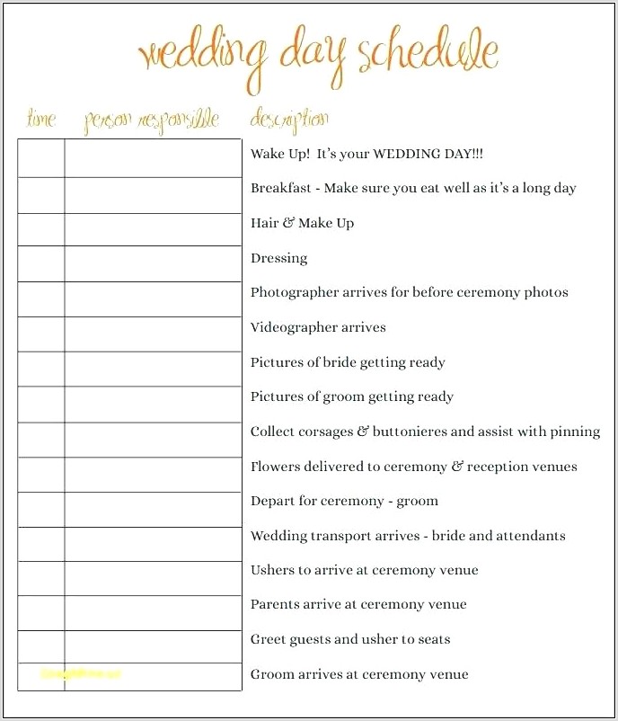 Wedding Reception Timeline Worksheet