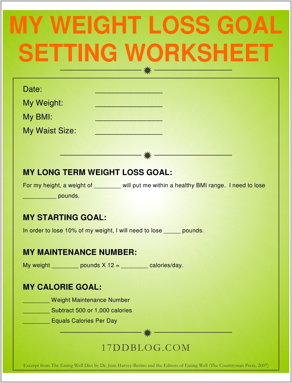 Weight Loss Goal Setting Worksheet Pdf