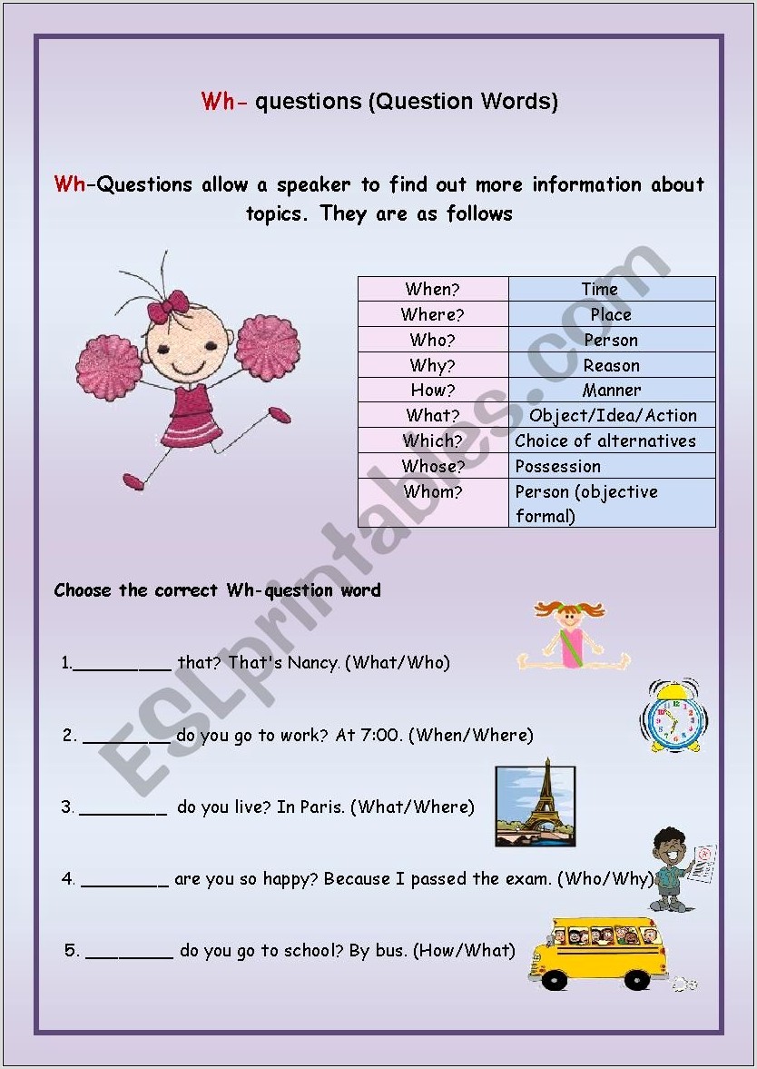 Wh Question Words Worksheets