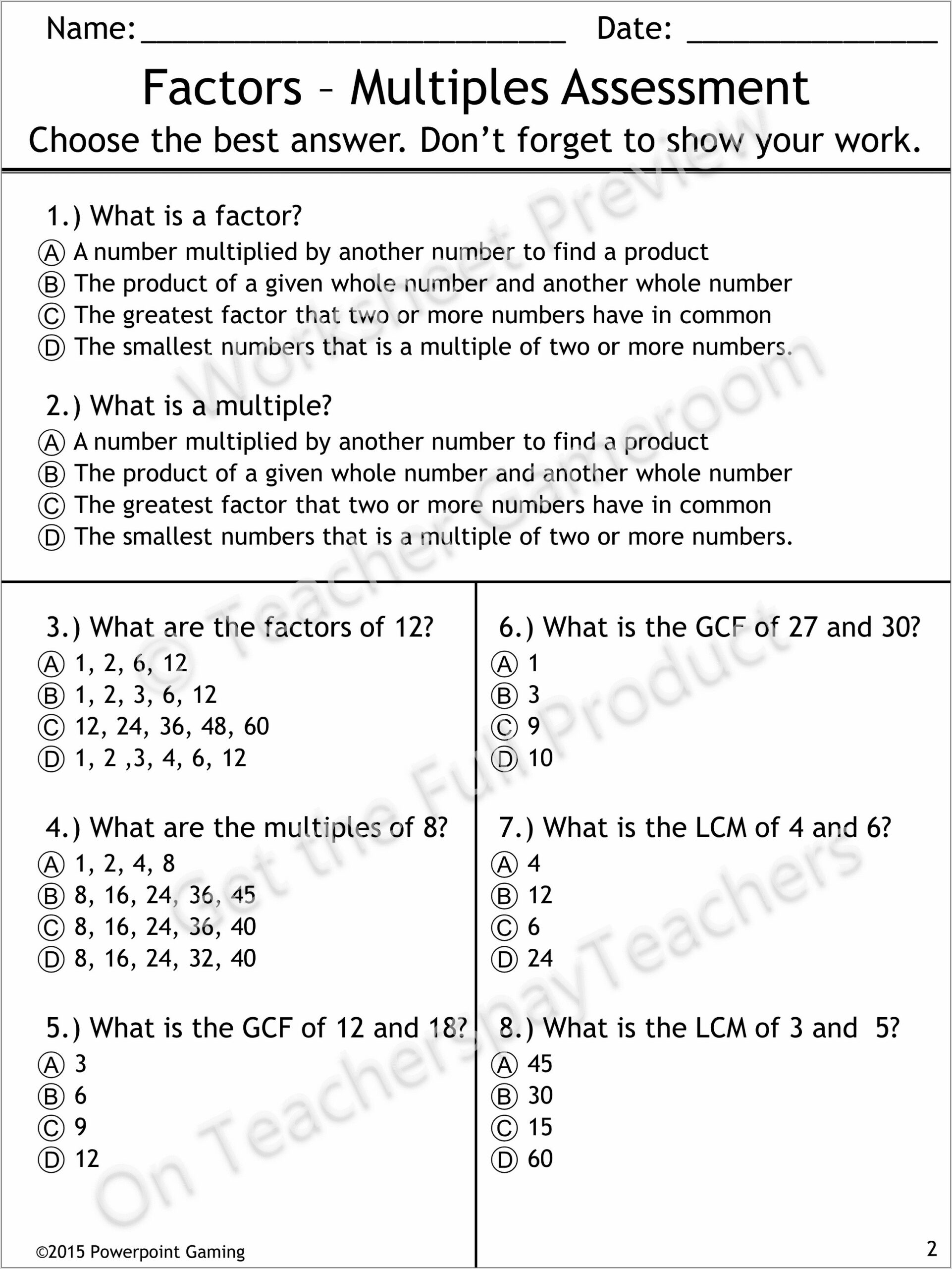 Whole Number Factors Worksheet