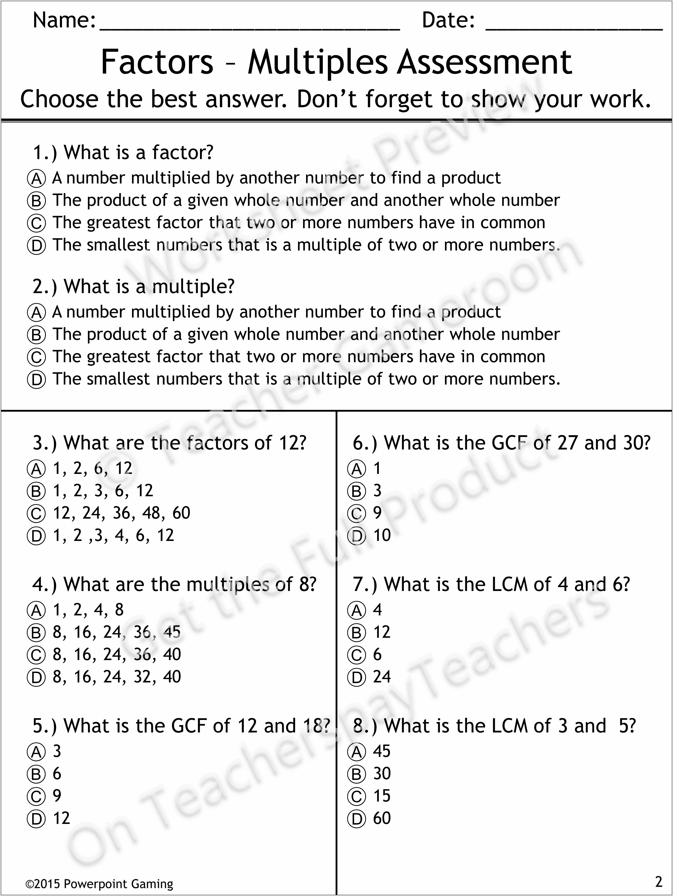 Whole Number Factors Worksheet