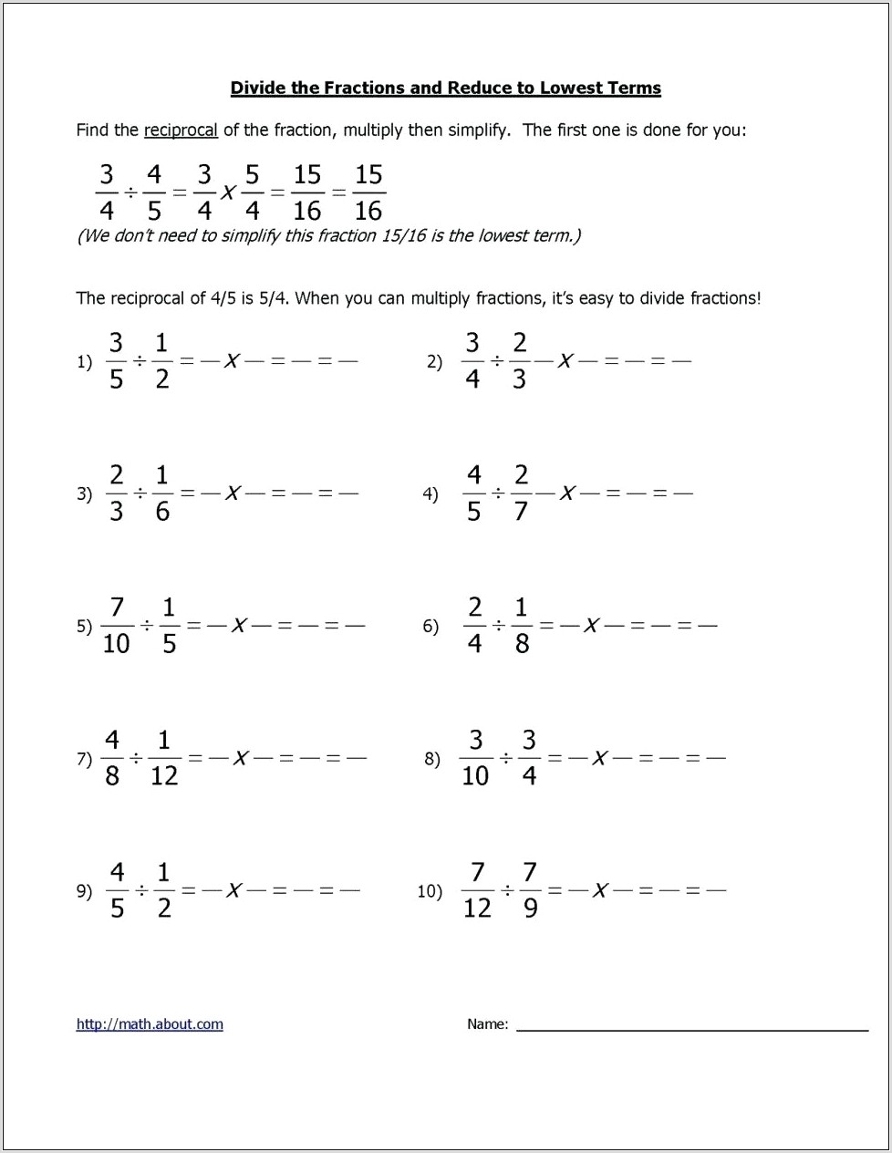 Whole Number Fraction Multiplication Worksheet