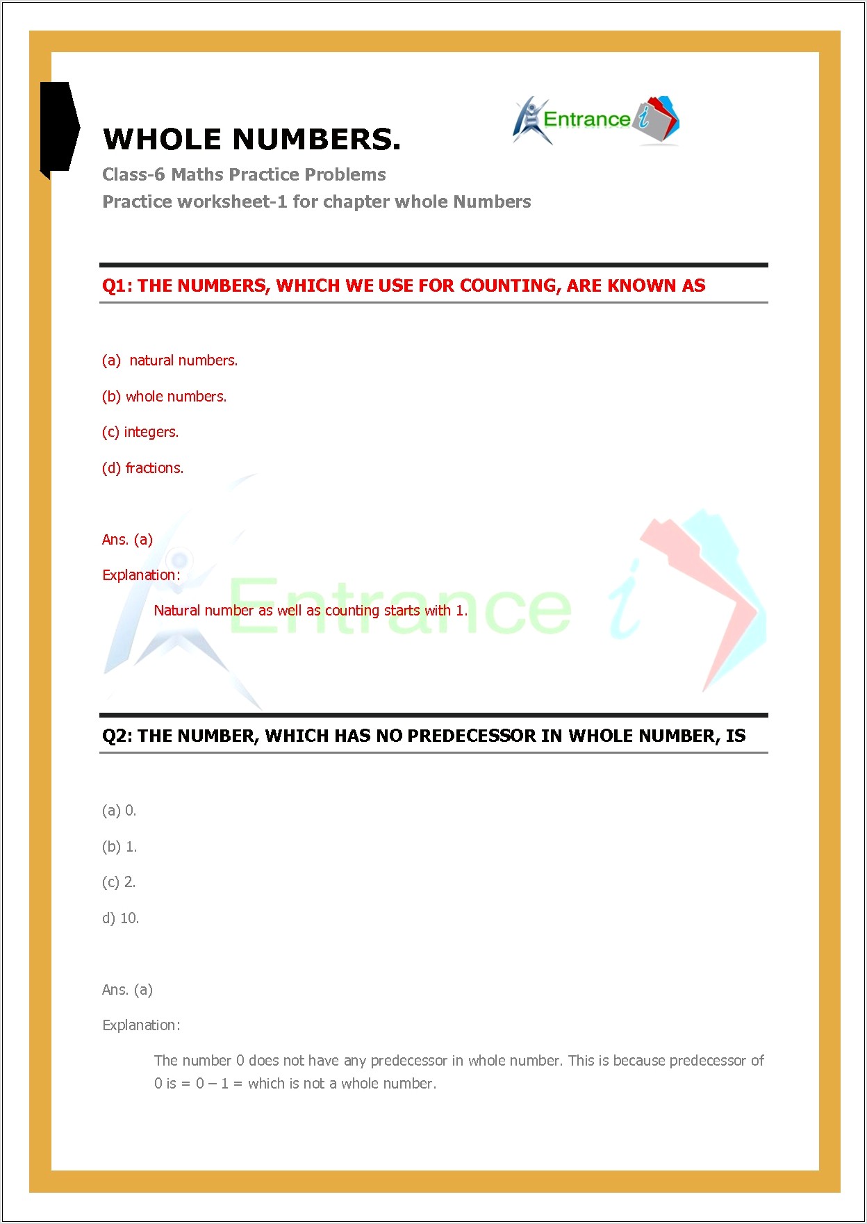 Whole Numbers Worksheets For Class 6