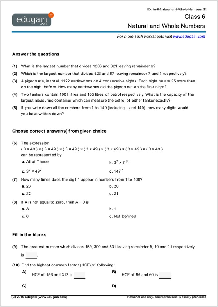 Whole Numbers Worksheets For Grade 6