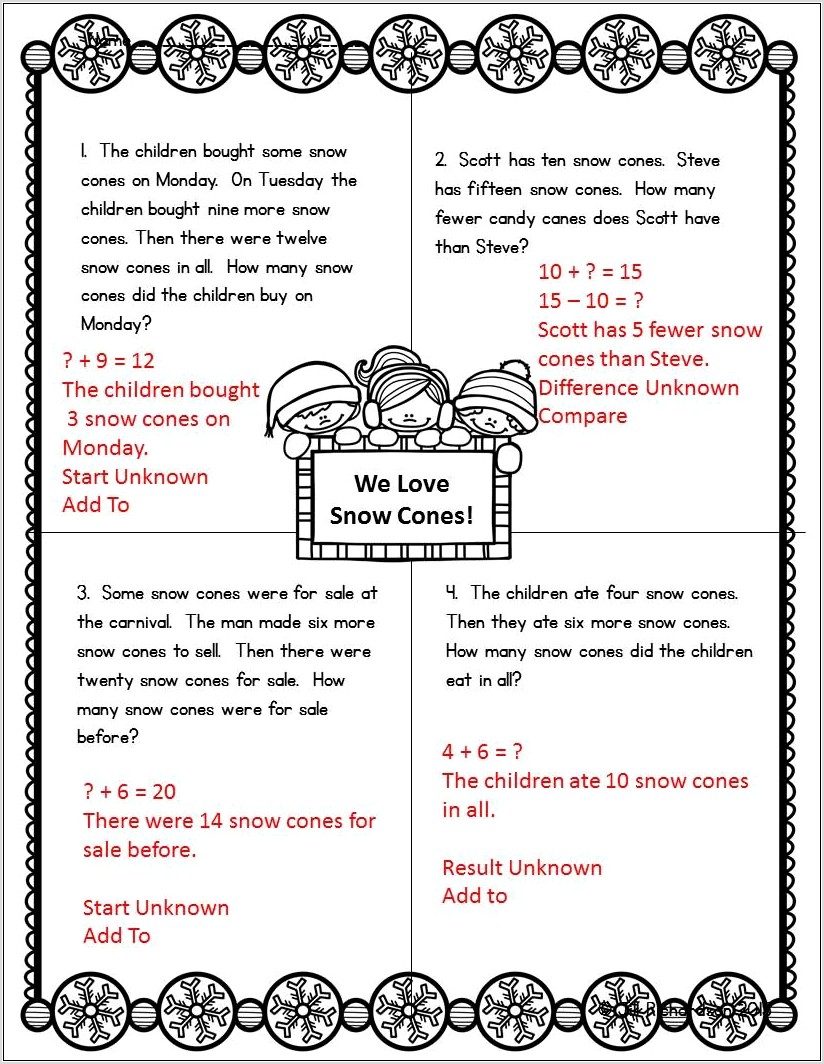 Winter Math Word Problems Worksheets