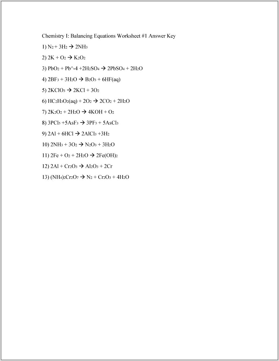 Word And Skeleton Equations Worksheet Answer Key