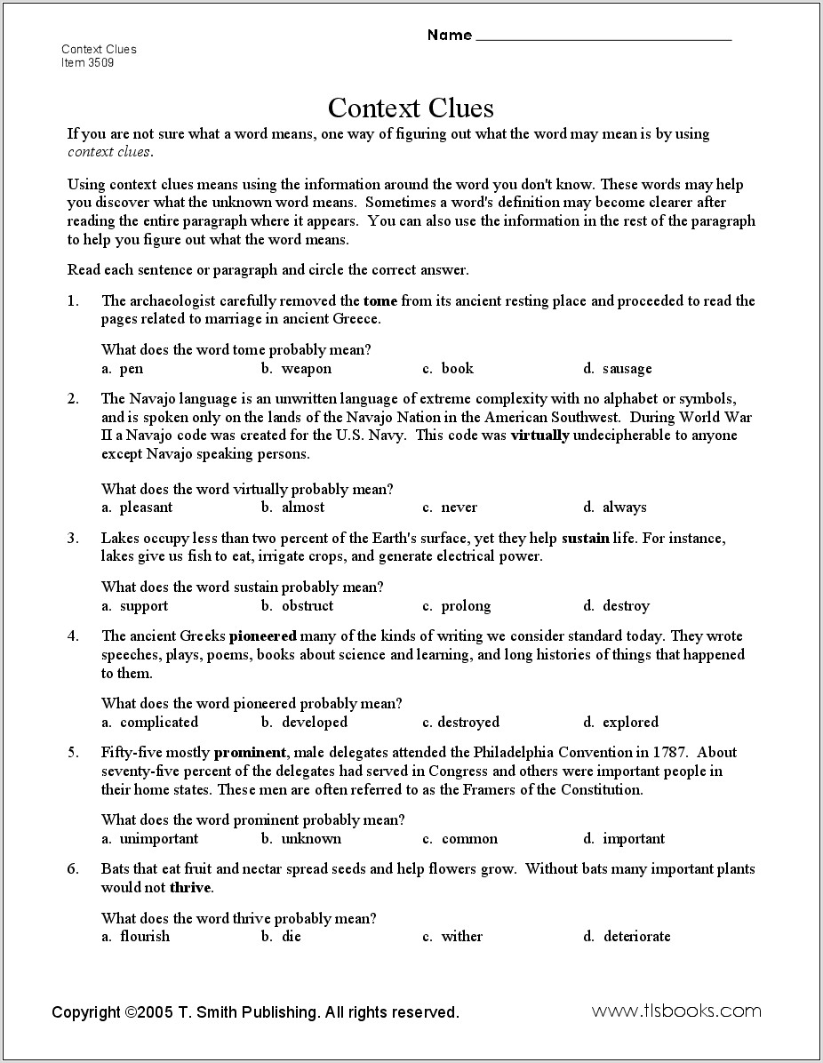 Word Context Clues Worksheets