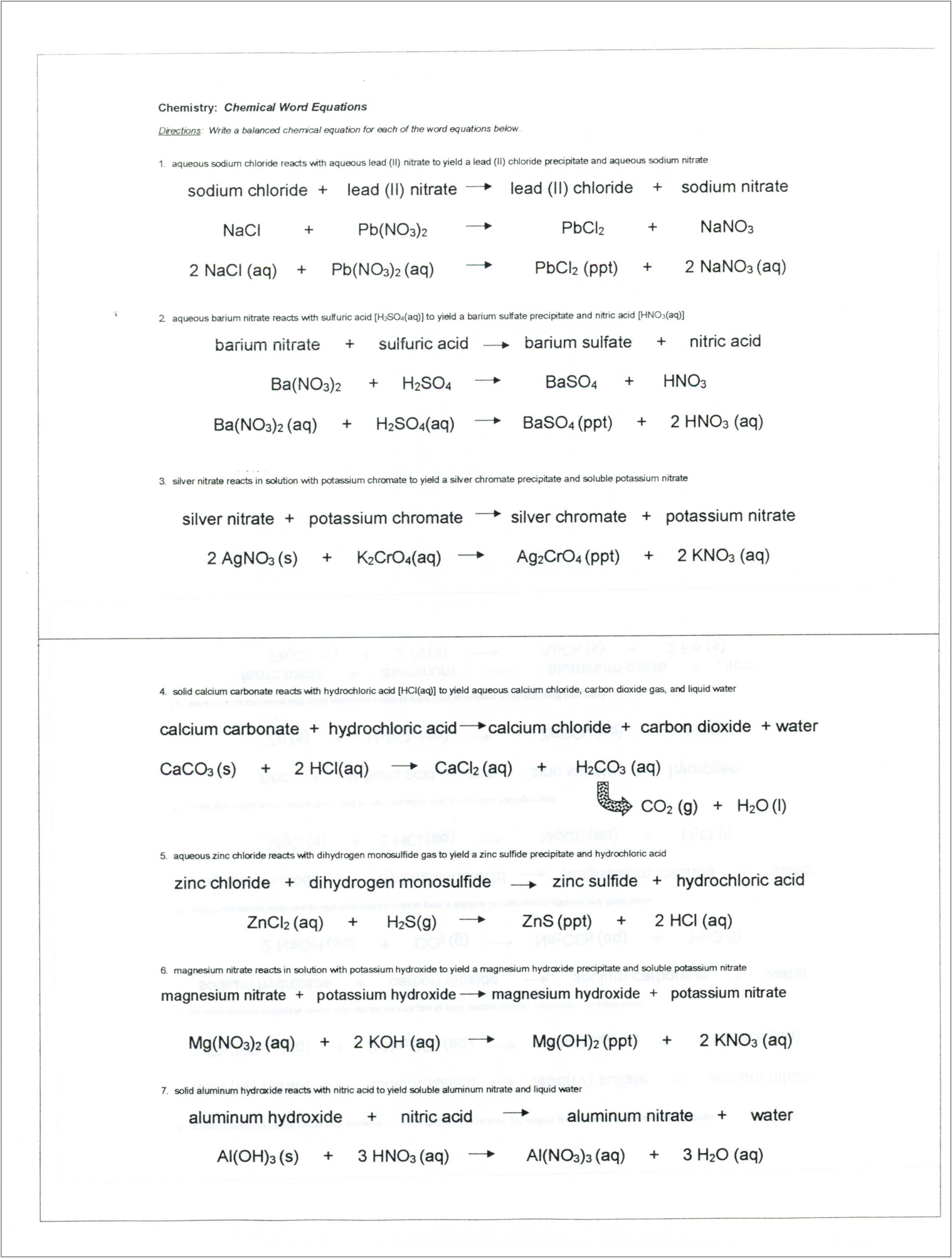 Word Equations For Chemical Reactions Worksheet