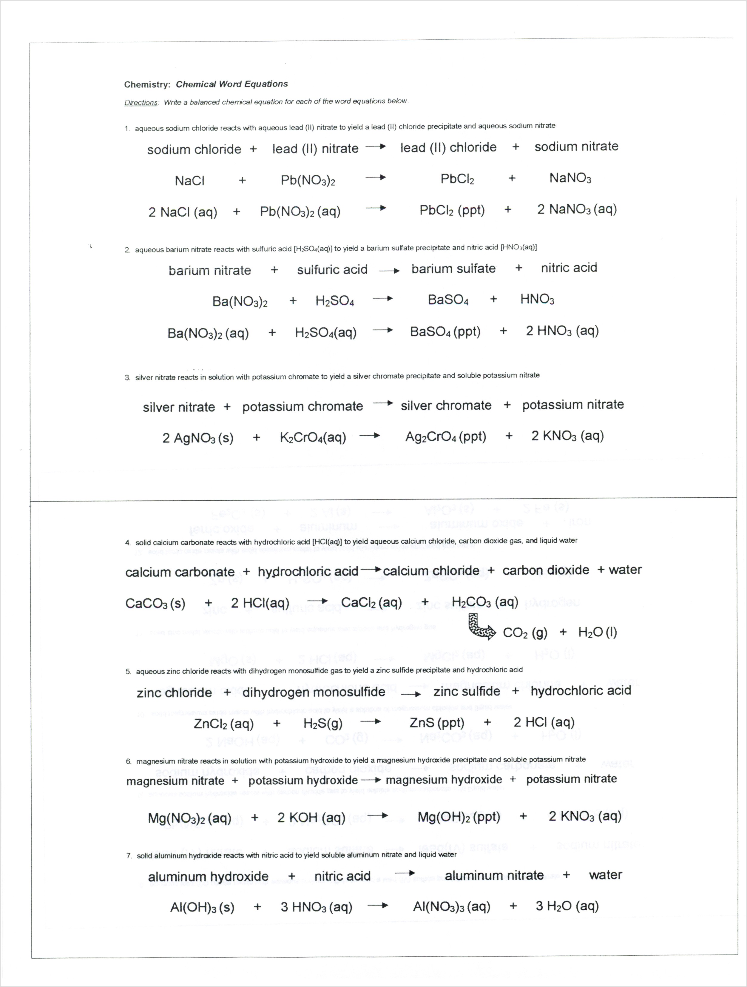 Word Equations For Chemical Reactions Worksheet