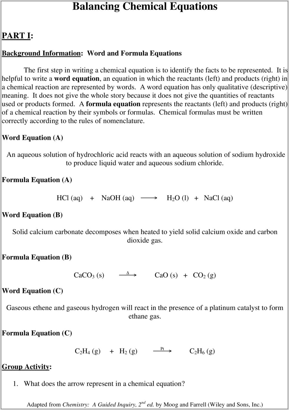 Word Equations Into Chemical Equations Worksheet