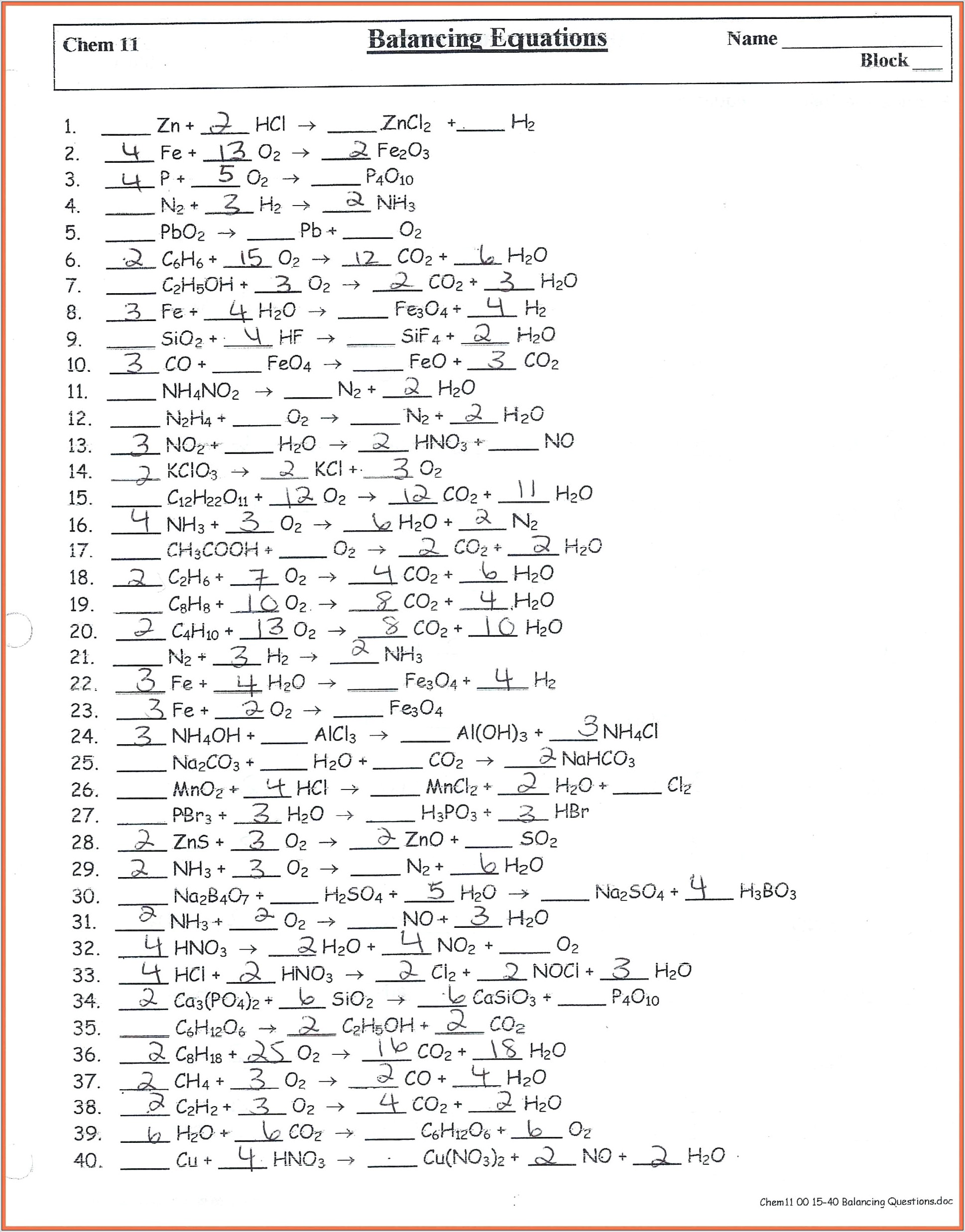 Word Equations Worksheet Answers If8767