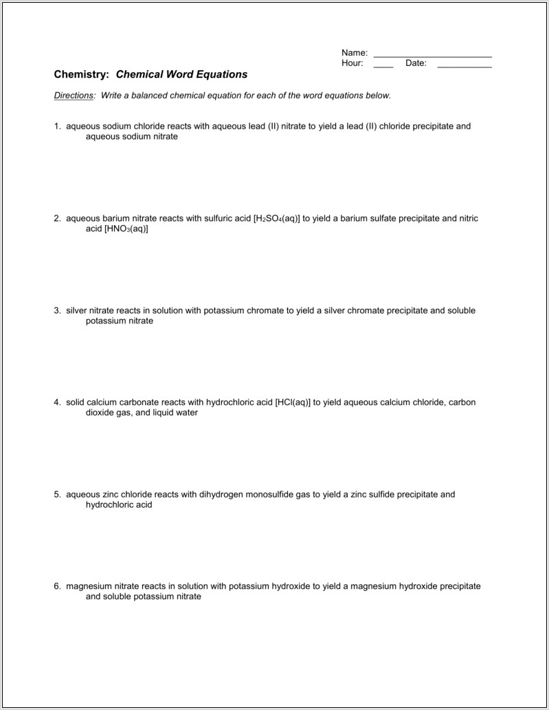 Word Equations Worksheet Sodium Chloride