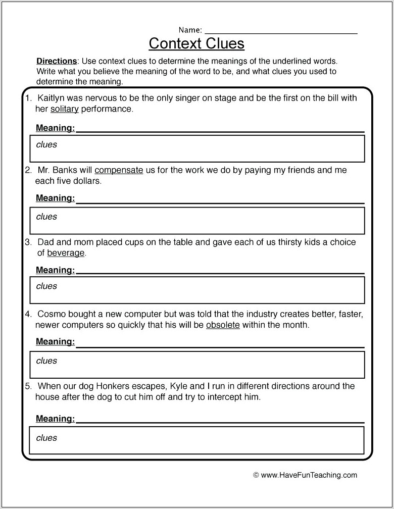 Word Meaning From Context Worksheet