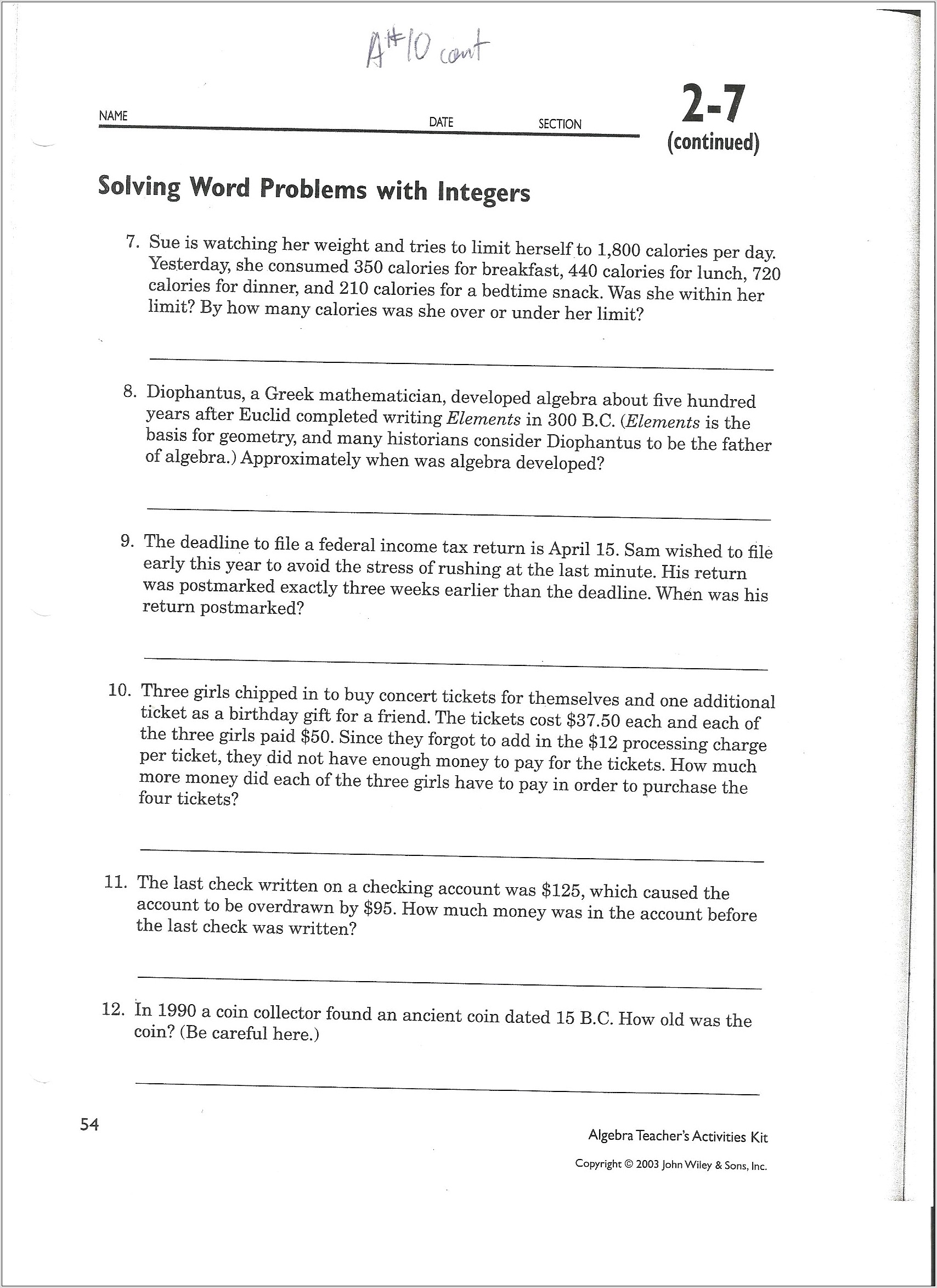 Word Problems Consecutive Integers Worksheet
