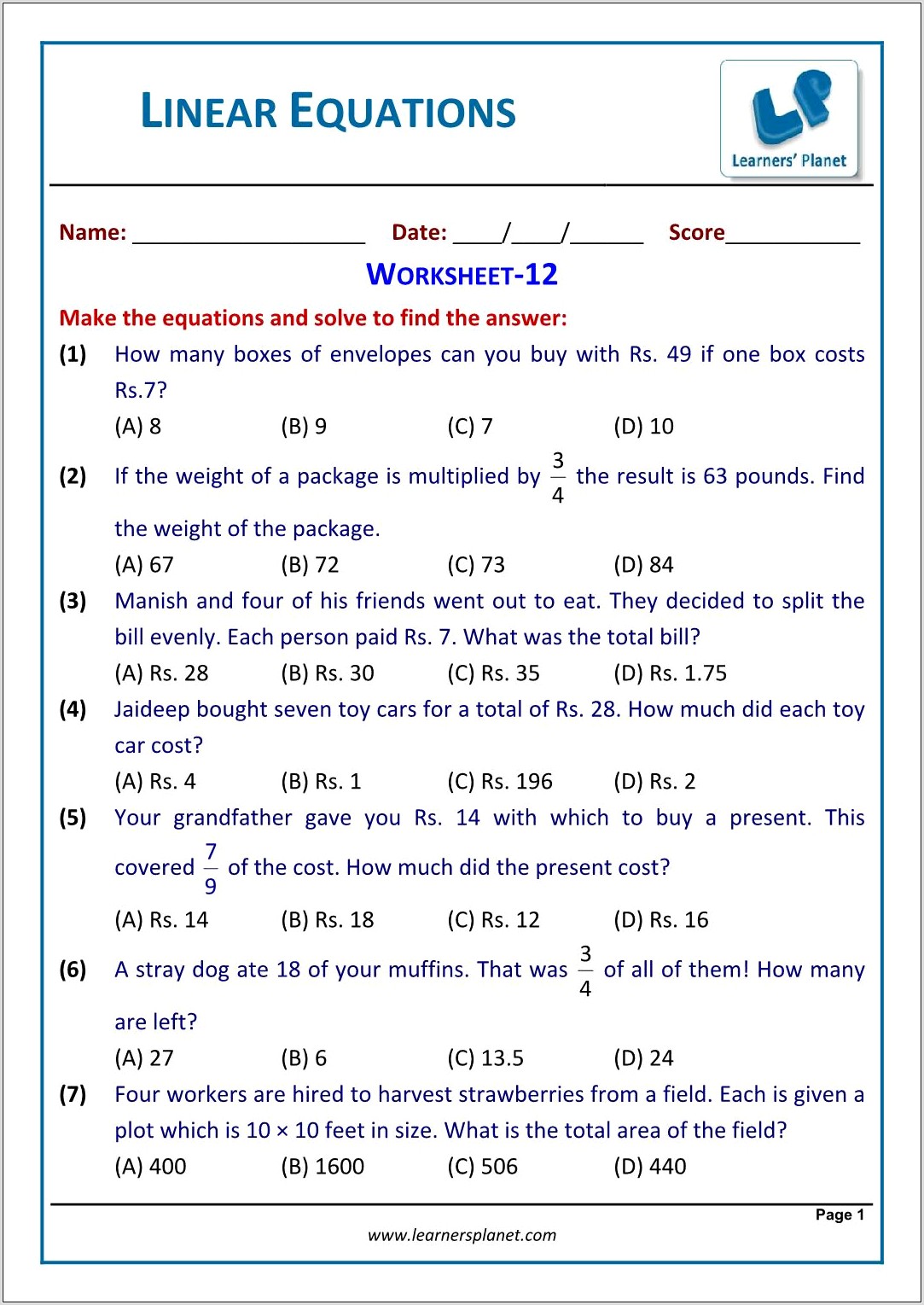 Word Problems Equations Worksheet