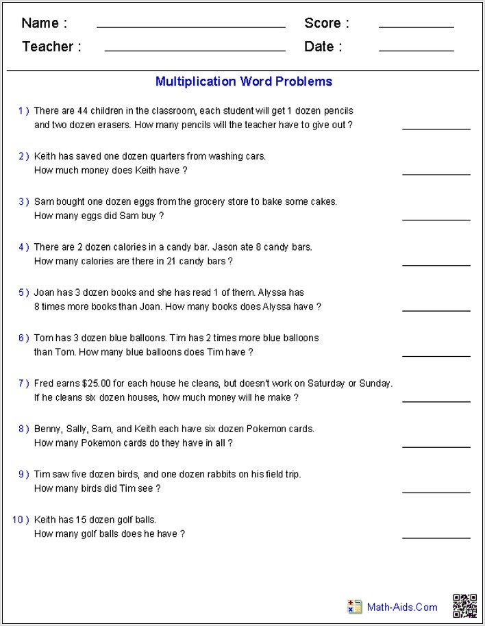 Word Problems Using Equations Worksheets