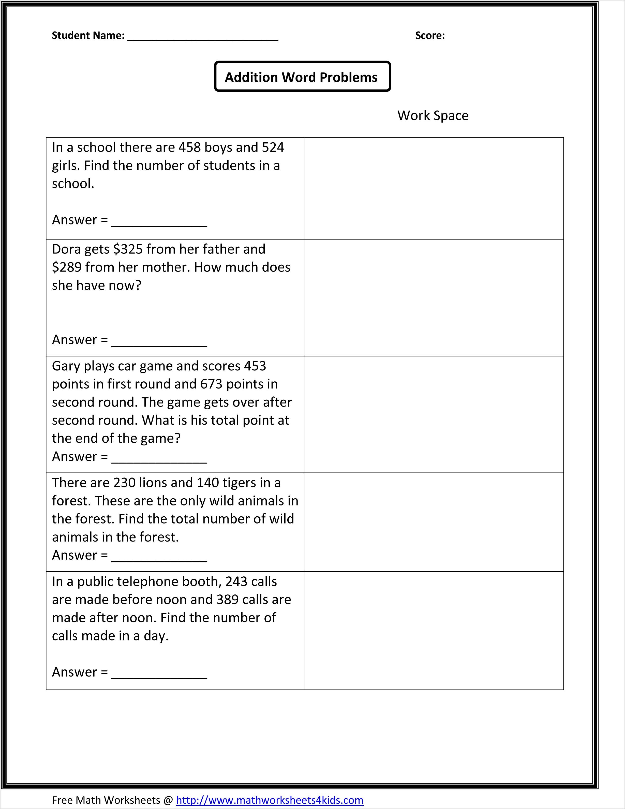 Word Problems Worksheet Addition And Subtraction