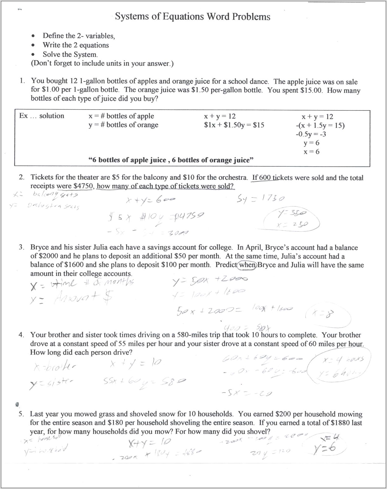 Word Problems Worksheet Algebra 1
