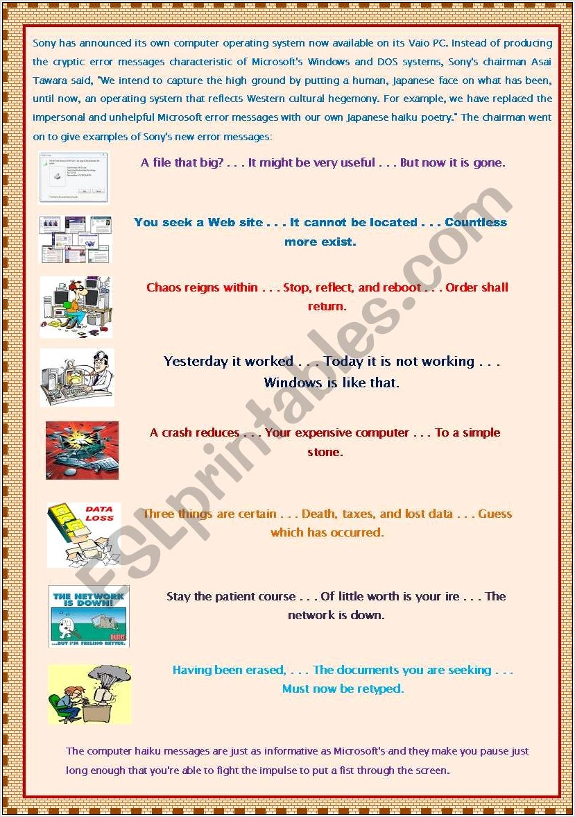 Word Processing Vocabulary Worksheet