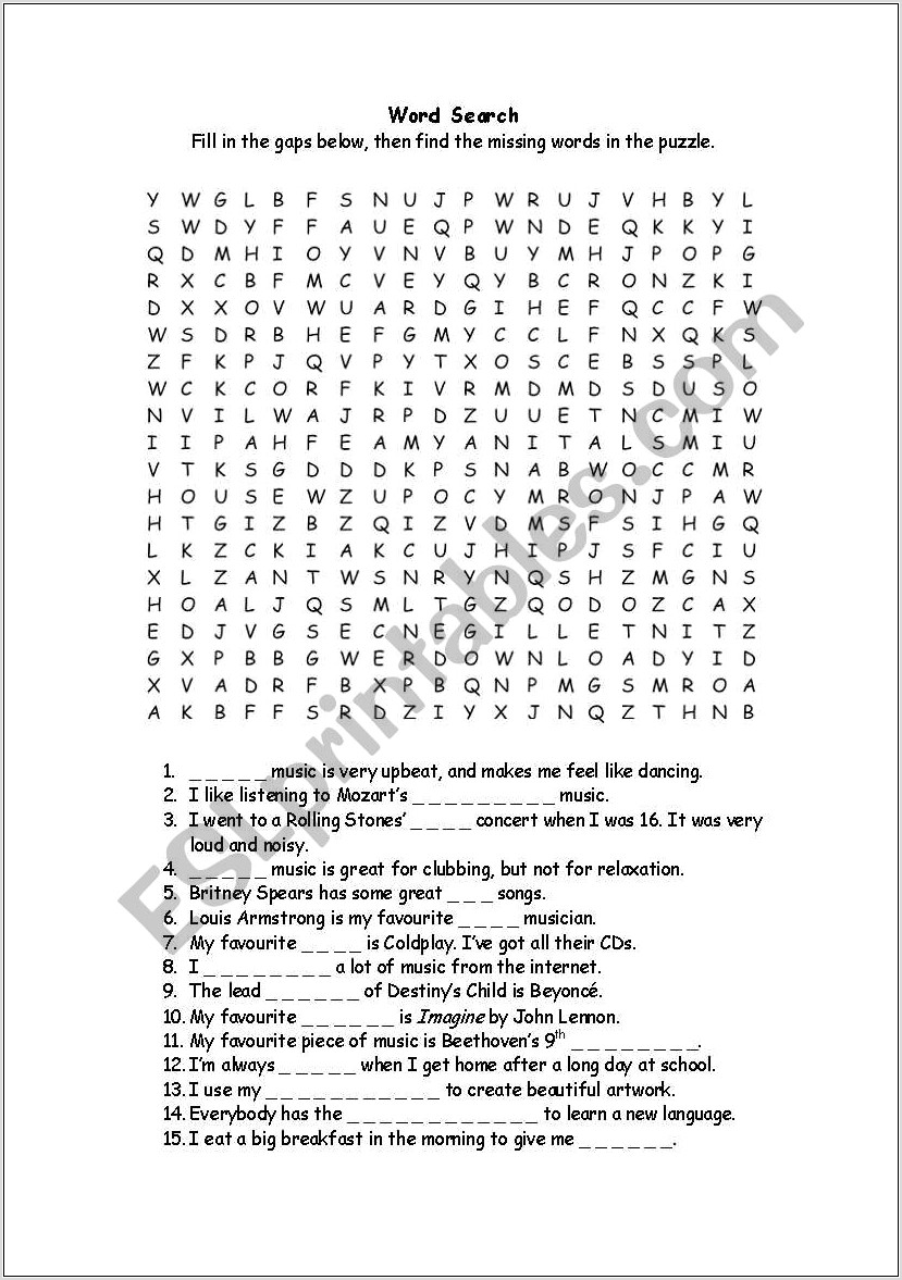Word Search Vocabulary Worksheet