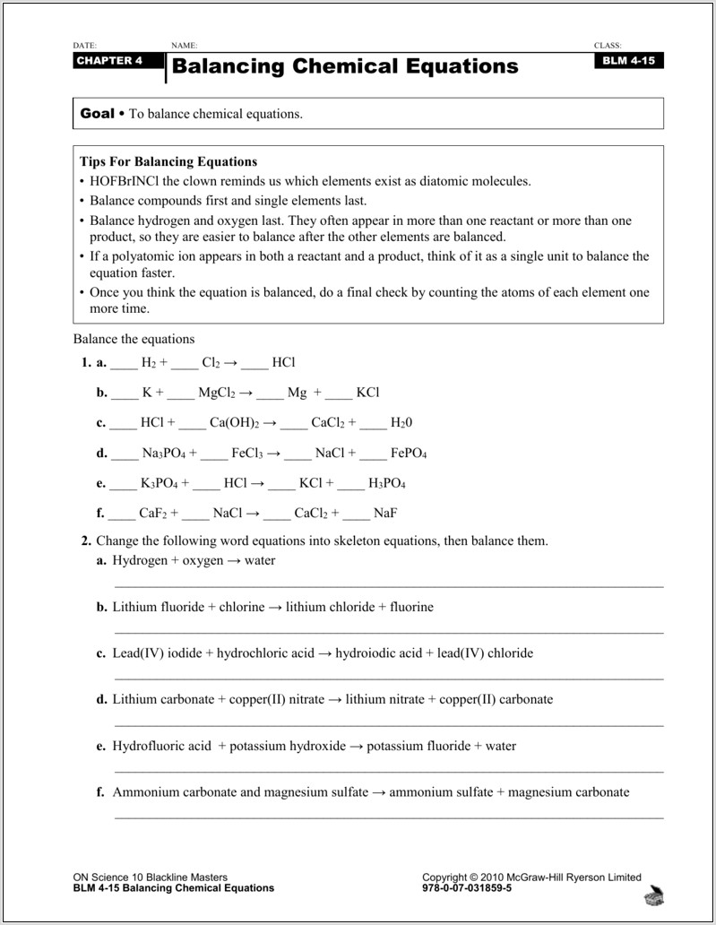 Word Skeleton And Balanced Equations Worksheet