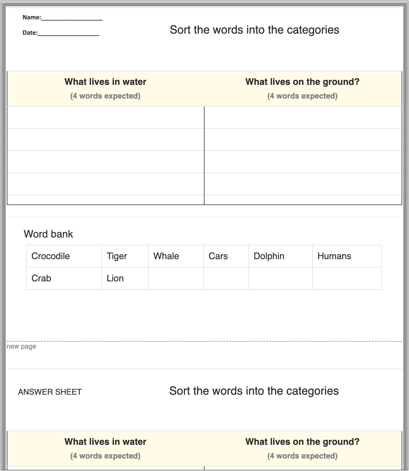 Word Skills Worksheet Generator Places
