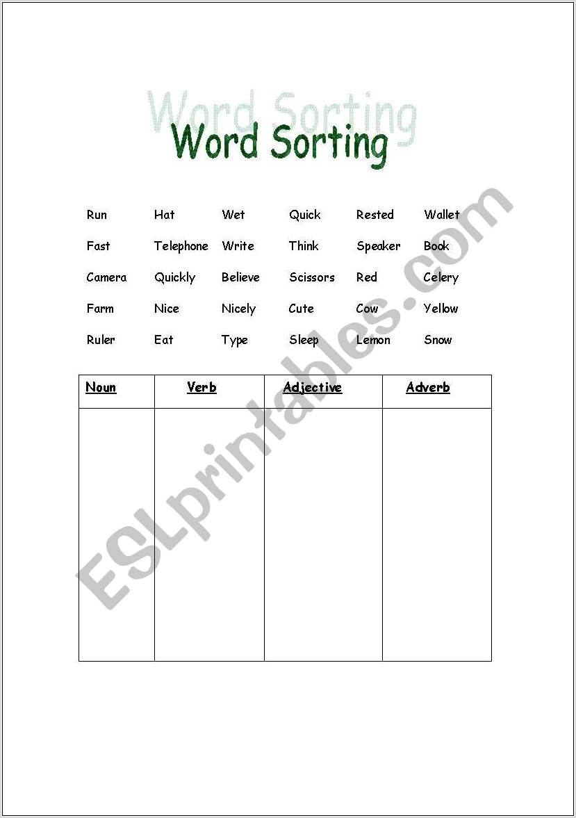Word Sort Worksheet Generator