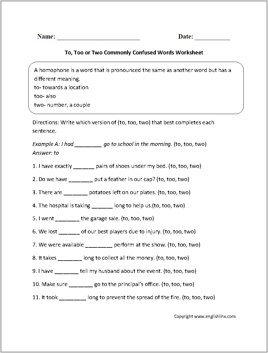 Words Commonly Confused Worksheet Part 1 Answers