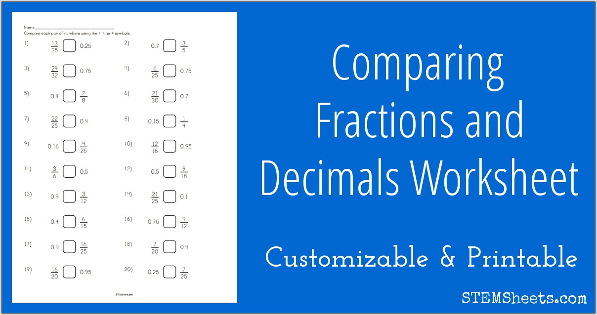 Worksheet Comparing Fractions And Decimals