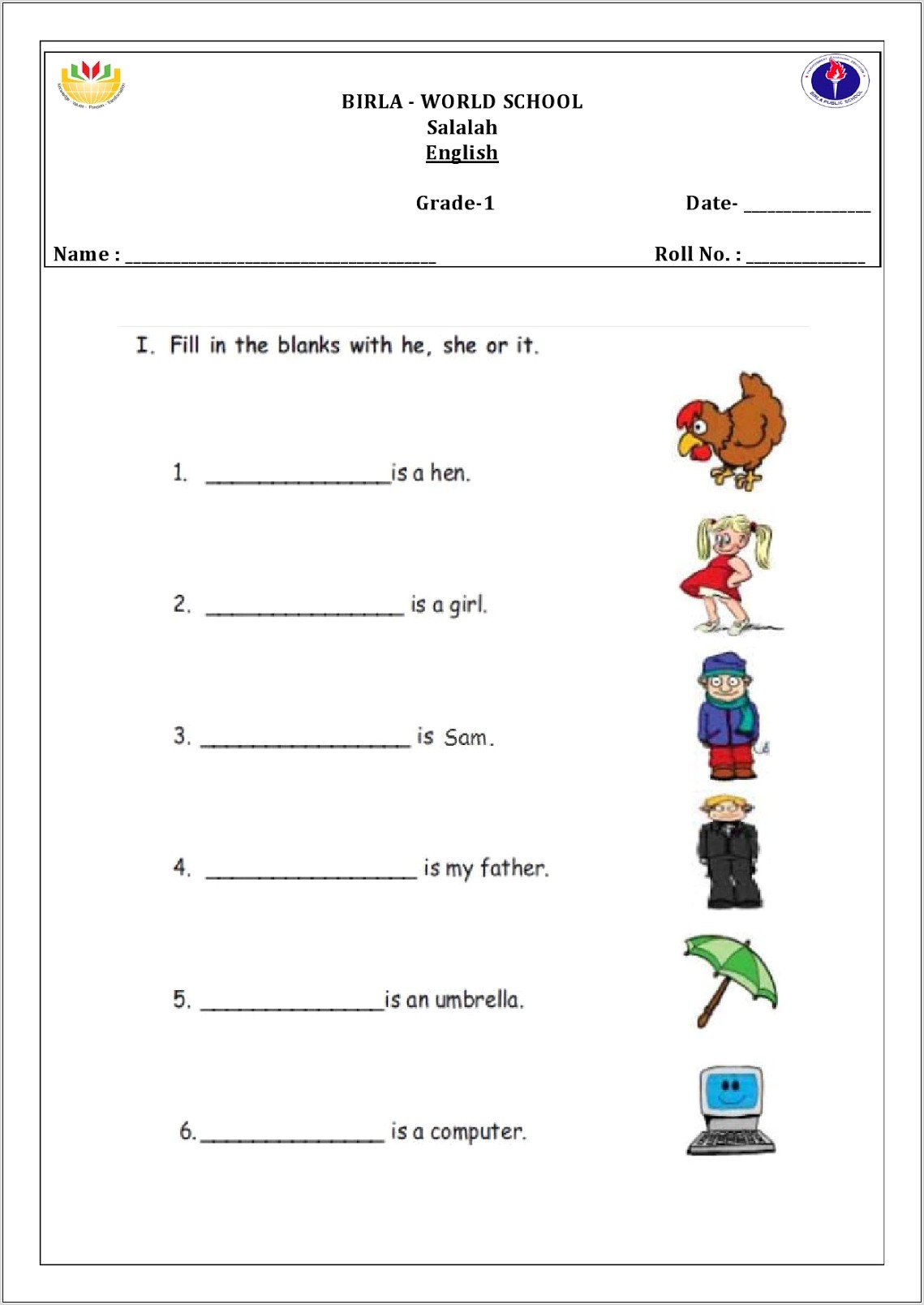 Worksheet English Class 1